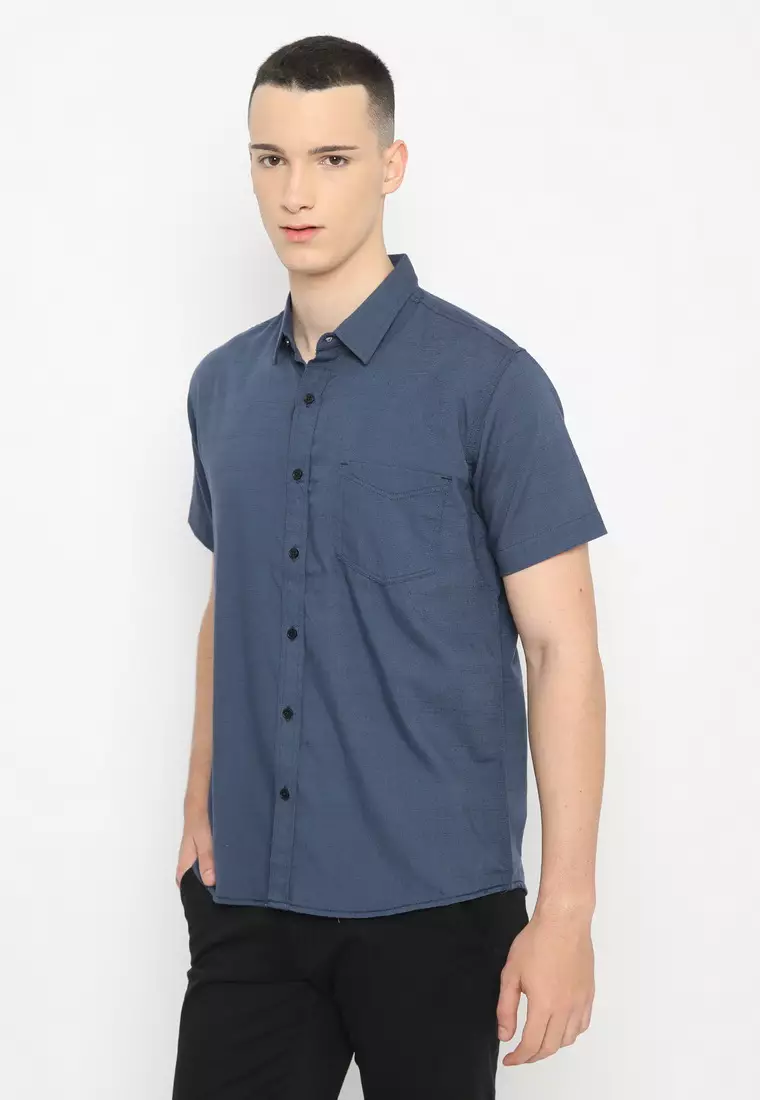 POLICE Kemeja Polos Oxford Slub Navy Regular Fit Pria