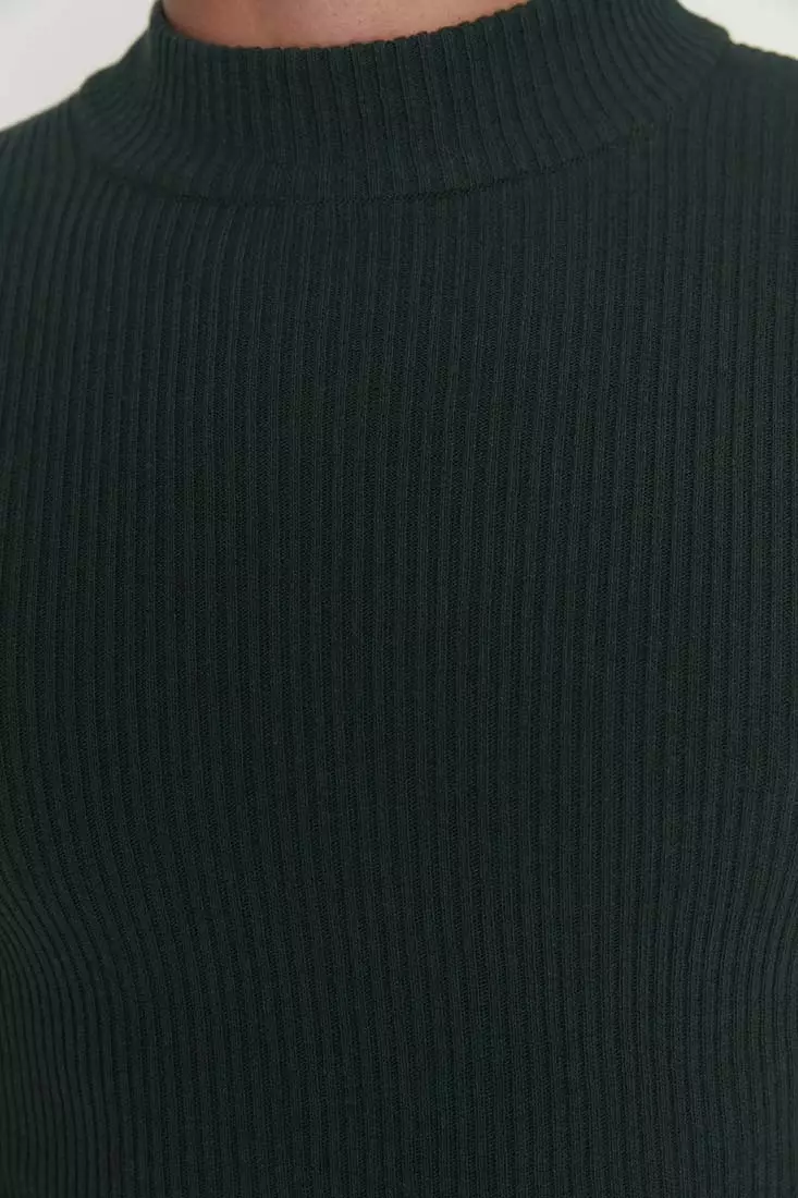 Slim Fit Buttoned Polo Neck Corduroy Knitted Sweater