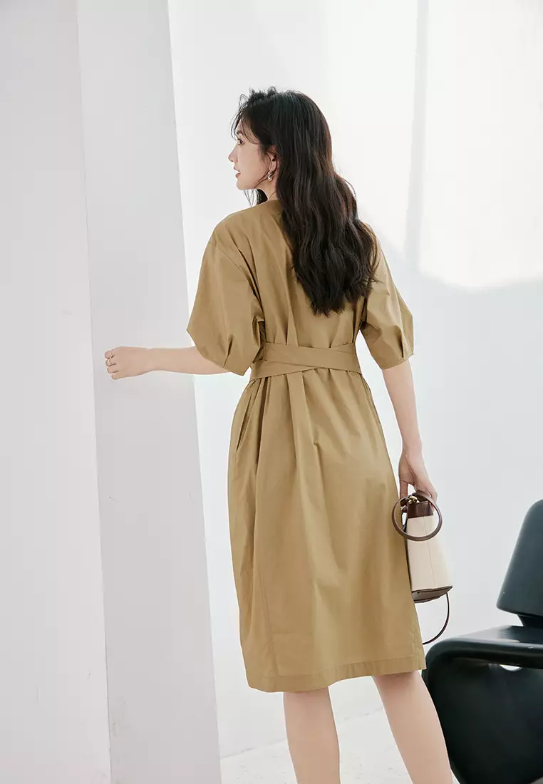 Puff Sleeve V-Neck A-Line Dress with Waist Belt
