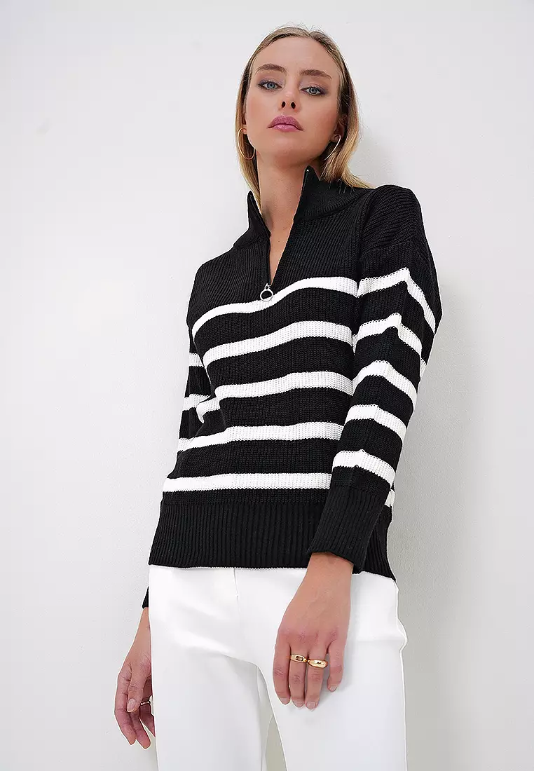 Stand Collar Half Zipper Striped Sweater