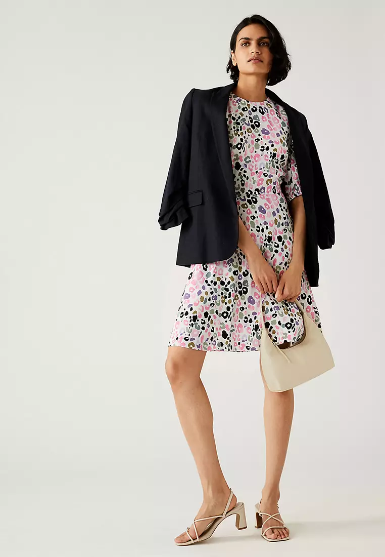 Printed Round Neck Mini Tea Dress