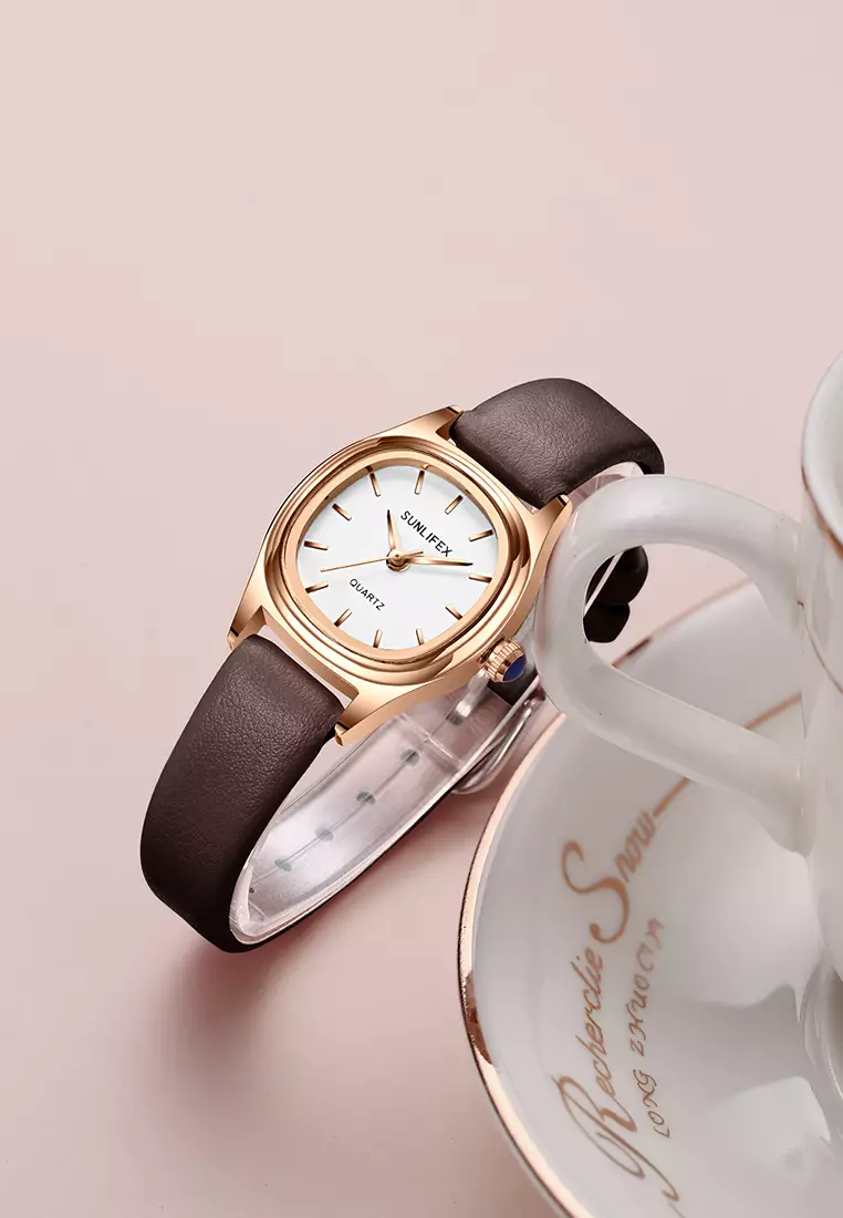 Jam Tangan Wantia Casual Fashion Dial Kotak Analog Quartz Strap  Leather Jam Tangan Cewek coffee