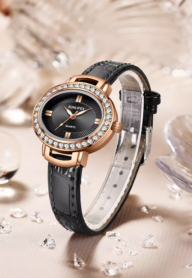 Jam Tangan Wanita Original Korea Kuarsa Antik Tali Kulit Kasual Oval Jam Tangan Cewek E052 black