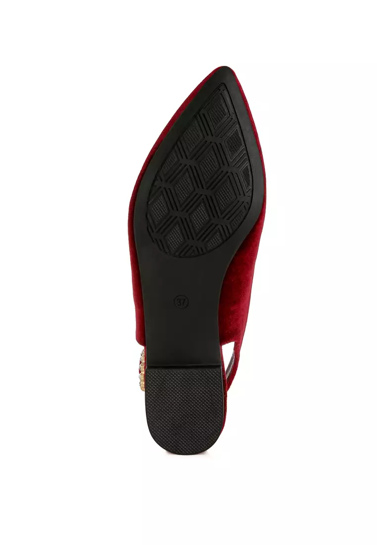 Velvet Slingback Flat Sandals in Dark Red
