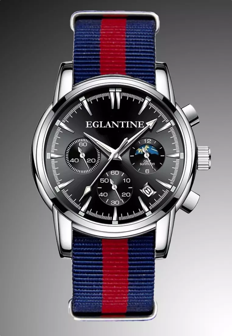 FREJUS Unisex Chronograph Quartz Watch, Black Dial, 40mm, Navy Blue / Red NATO Textile Strap