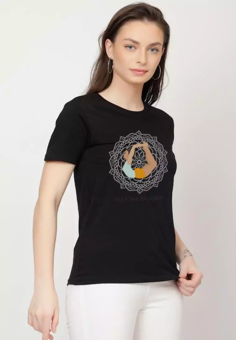 Keep TheBalance Relaxed 短袖时尚黑色棉质休闲图案印花 T 恤/T 恤