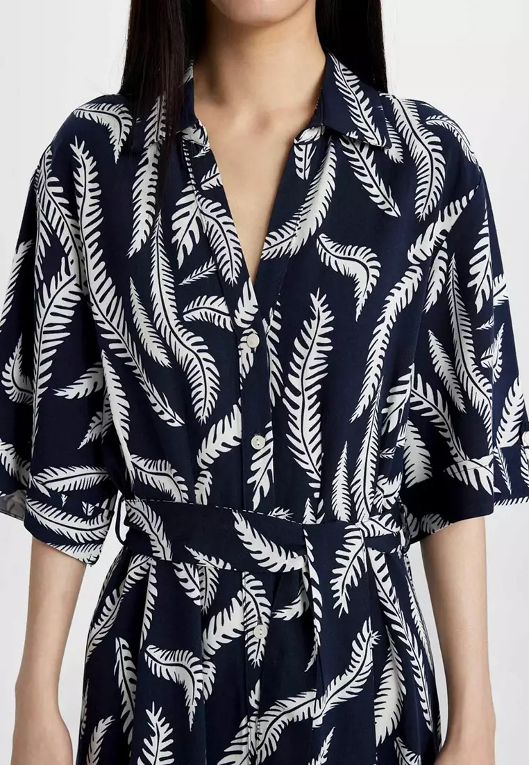 Shirt Collar Patterned Linen Blend Half Sleeve Midi Dress