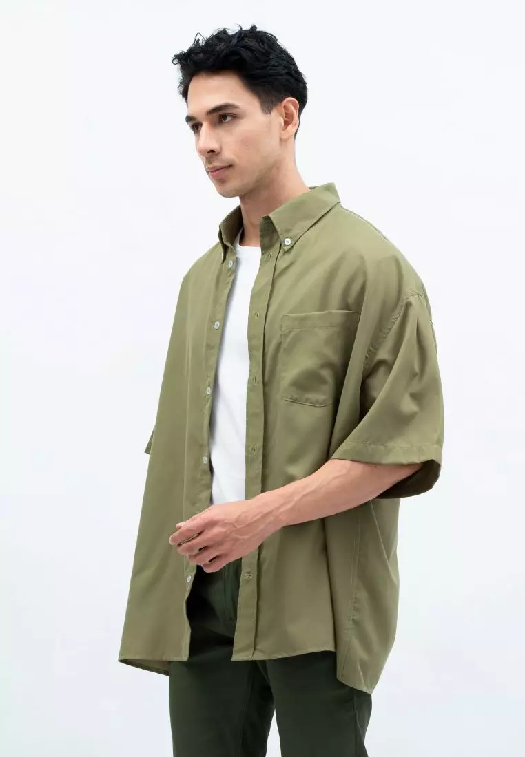 Houseofcuff Kemeja Oversize Jumbo Lengan Pendek Pria Unisex Olive