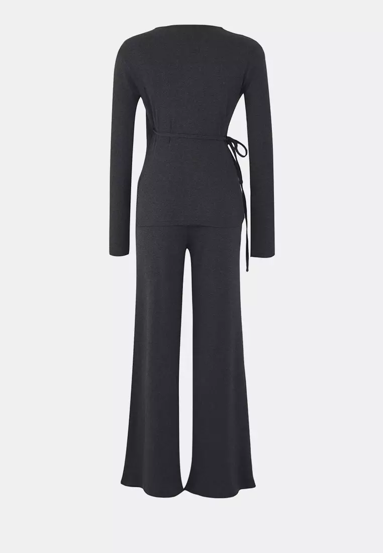 Anthracite Wrap Wideleg/Wide Leg Knitted Top-Bottom Set