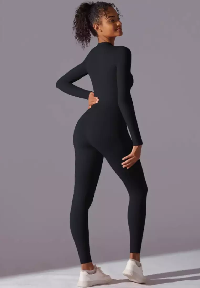 SculptaSuit Women’s Full-Length Sporty Jumpsuit – Stretchy Nylon Spandex Activewear No Bra Padding Yoga & Gym Bodysuit