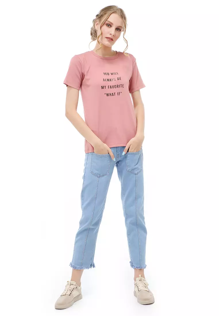 Genevie Kaos Kasual Wanita Lengan Pendek You Will Be Material Cotton ORIGINAL - Dark Pink