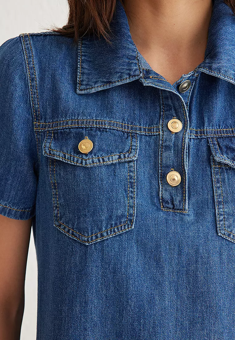 Pockets Detail Mini Denim Shirt Dress