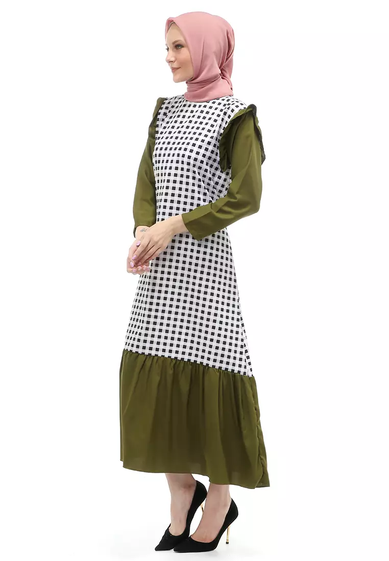 Ghina Gamis Tartan Muslimah Long Casual Wanita Regular Fit - Army