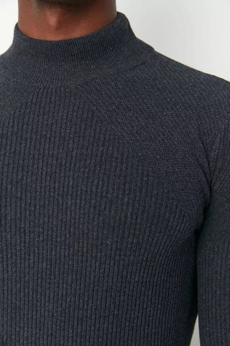 Anthracite Men's Fitted Tight Fit Half Turtleneck Corduroy Knitwear Sweater.