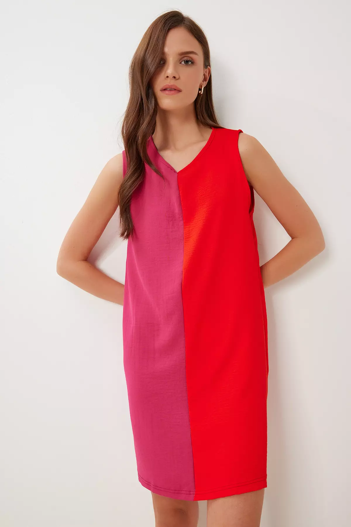 Women's Pink Red Contrast Color Mini Woven Dress Iy00001