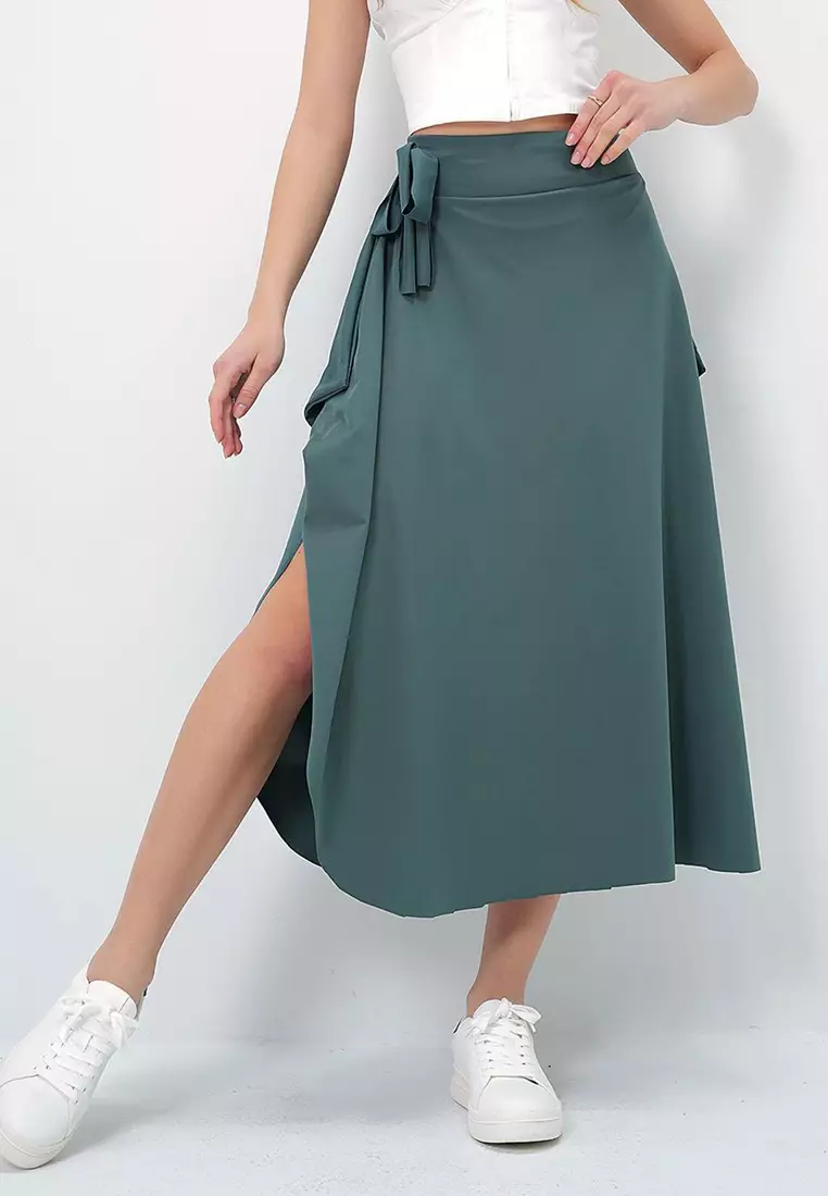 Green Ethnic Pattern Midi Asymmetric Regular Skirt