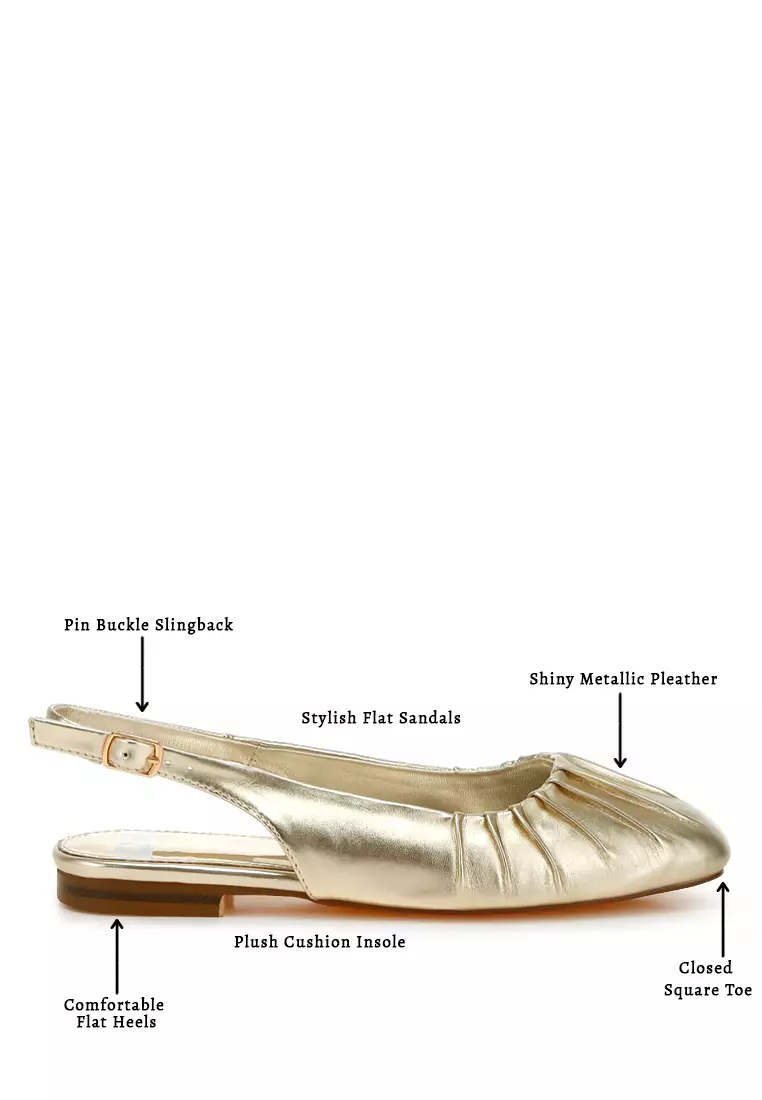 Metallic Square Toe Flat Slingbacks in Gold