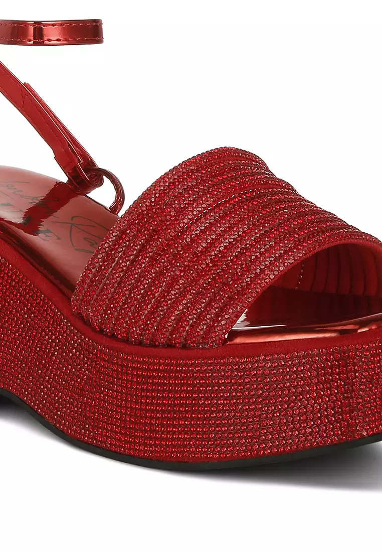 Red Rhinestone Embellished Lace-Up Sandals