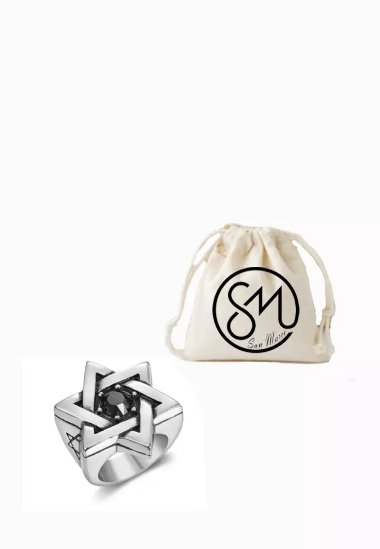 Aksesoris Pria Vintage Star Zircon Premium Stainless Steel Ring Cincin Pria Silver & Black