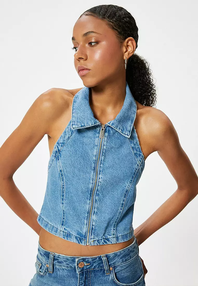 Halter Neck Denim Crop Top Zippered Backless Slim Fit