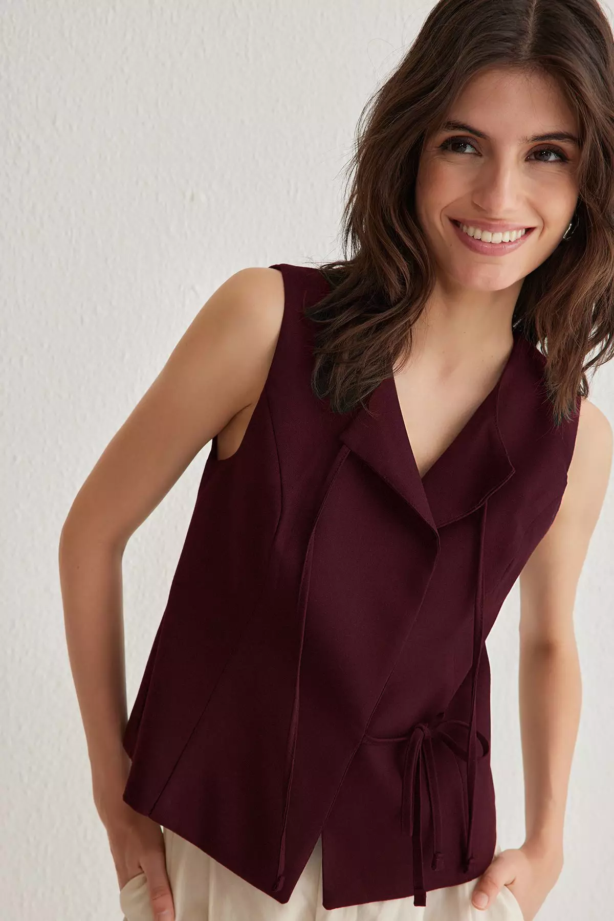 Burgundy Fitted Slim Fit Vest With Lacing Detail