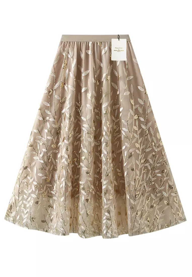 Mesh Sequin Embroidered Midi Skirt AF1888