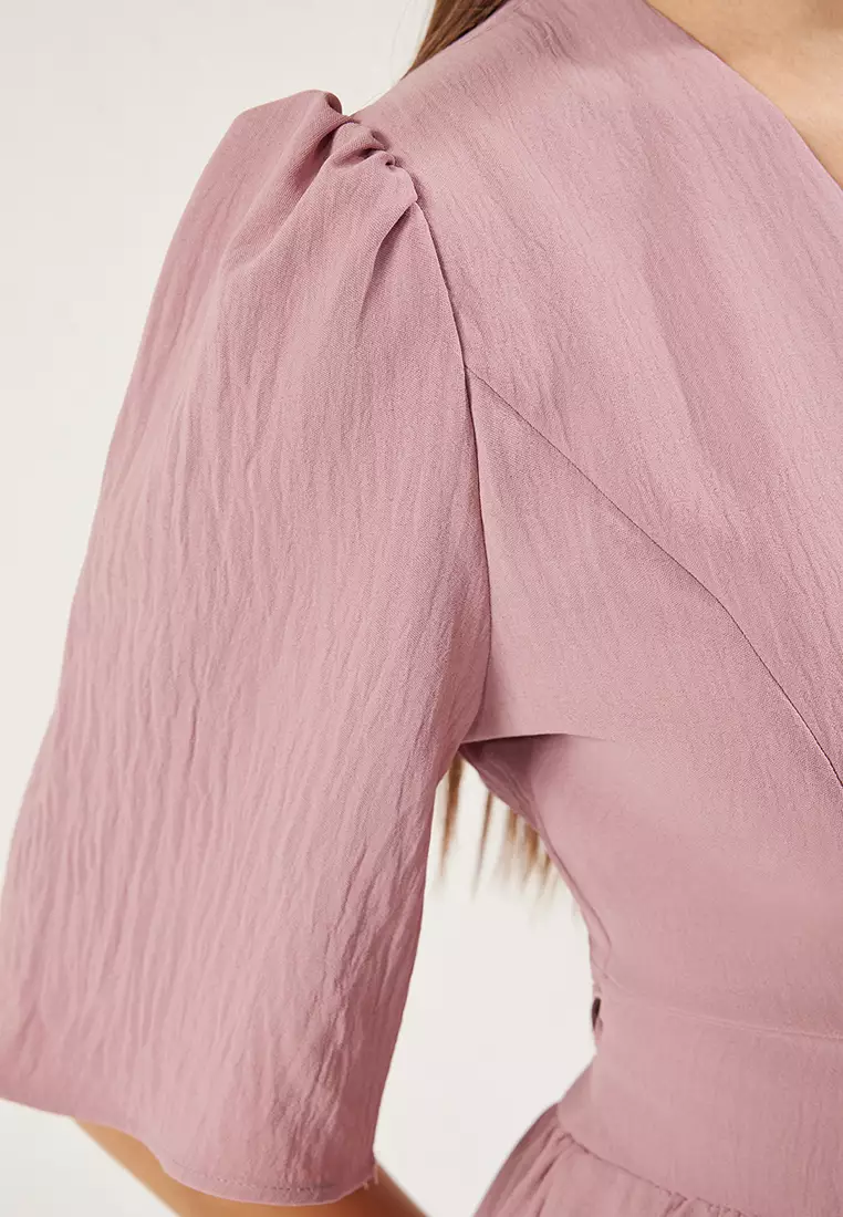 Pink Skirt Waist Opening V Neck Belted Midi Aerobin Woven Dress