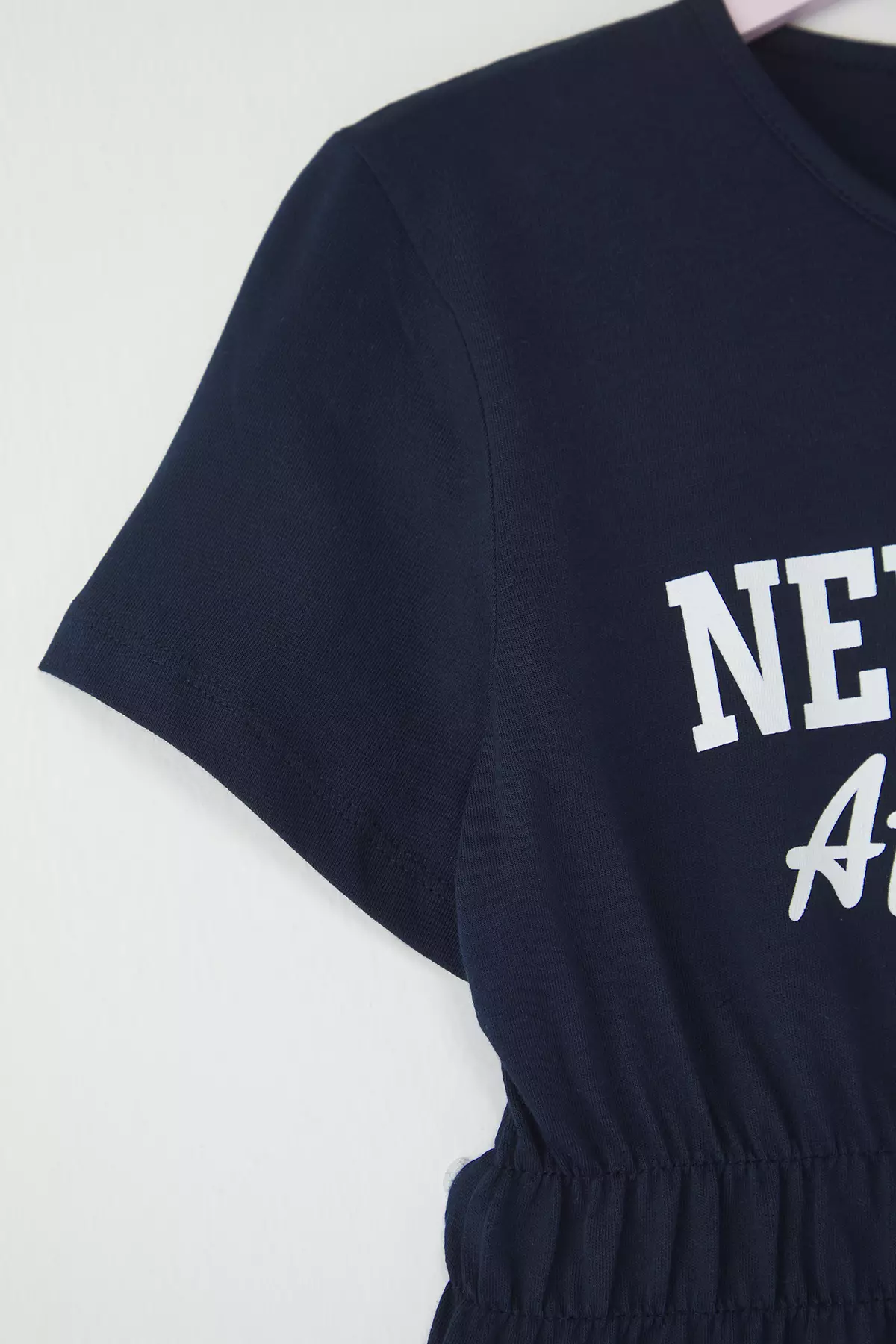 Navy Blue Girl's 100% Cotton Slogan Printed Short Sleeve Elastic Waist Mini Knitted Dress Tkdss25El00084