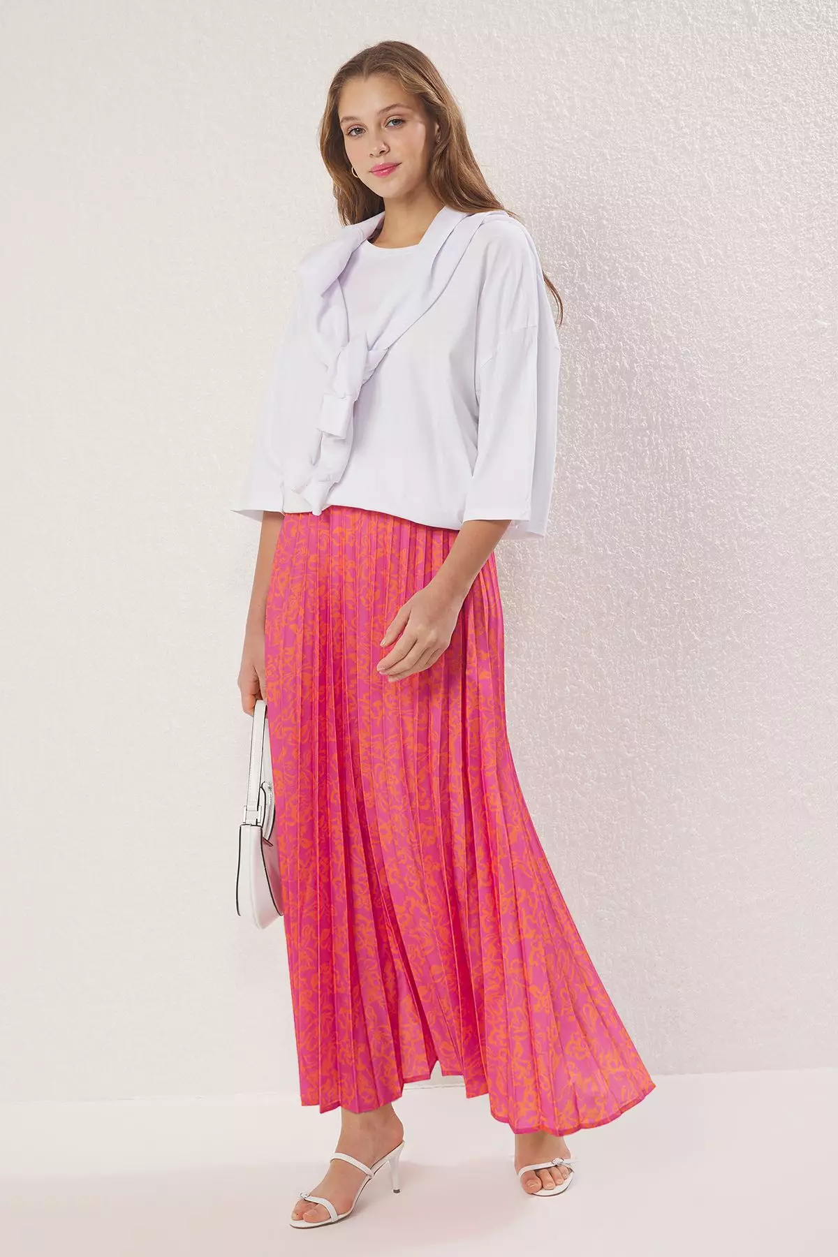 Pink Floral Pattern Pleated Waist Elastic Woven Skirt TCTSS23EE00018