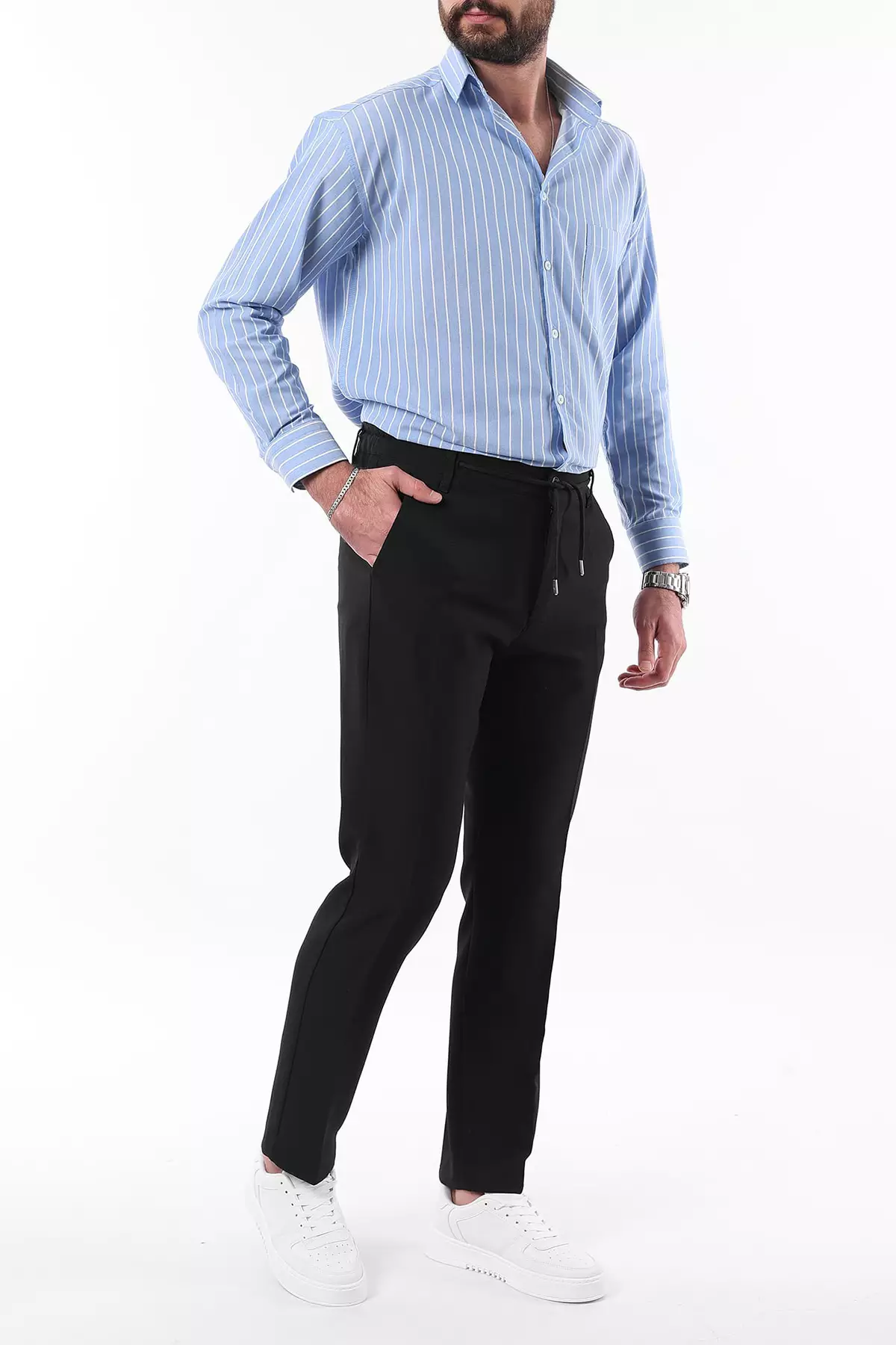 Black Slim Fit Elastic Fabric Woven Trousers With Tie Waist Detail Tmnaw25Pl00027
