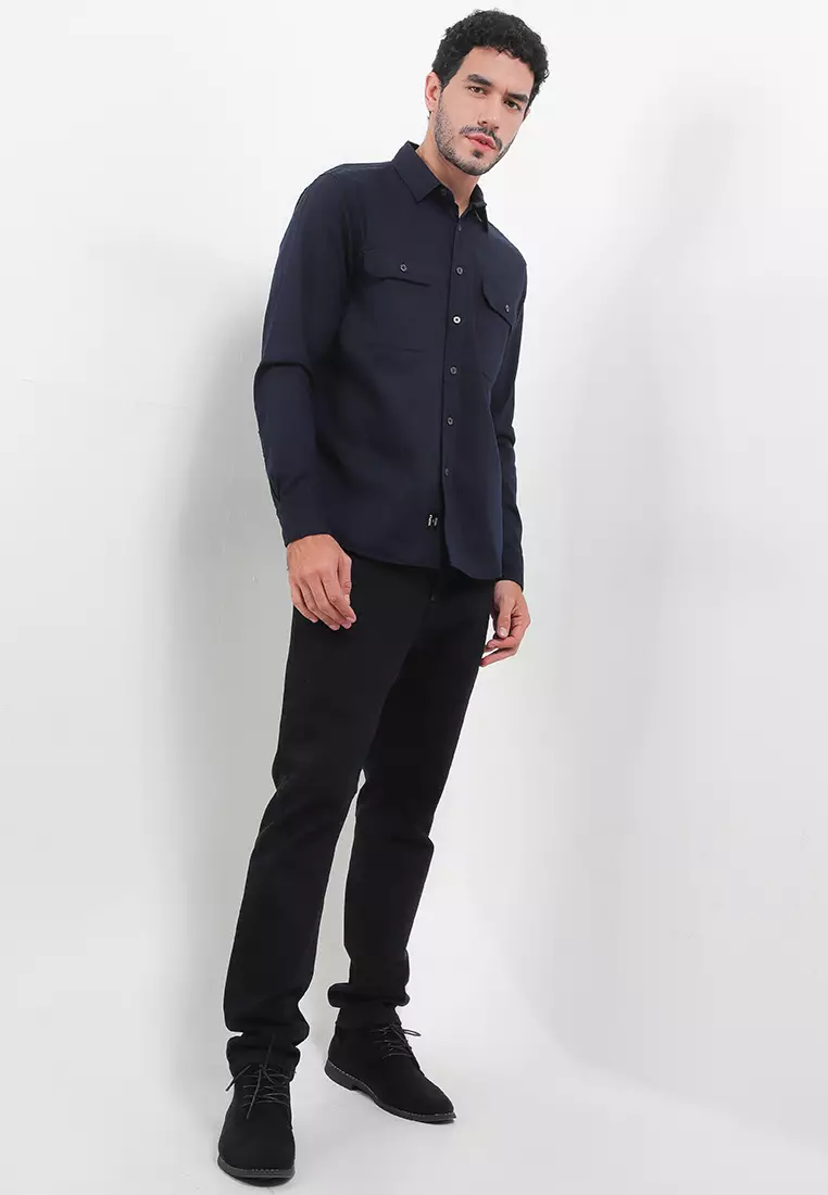 TRIPLE Kemeja Lengan Panjang Slim Fit (LS 535) - Navy