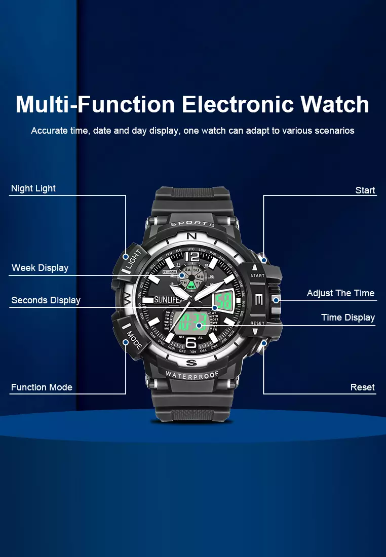 Jam Tangan Pria Digital&Analog Olahraga Bercahaya Multifungsi Alarm Jam Tangan Cowok D007 greenblack