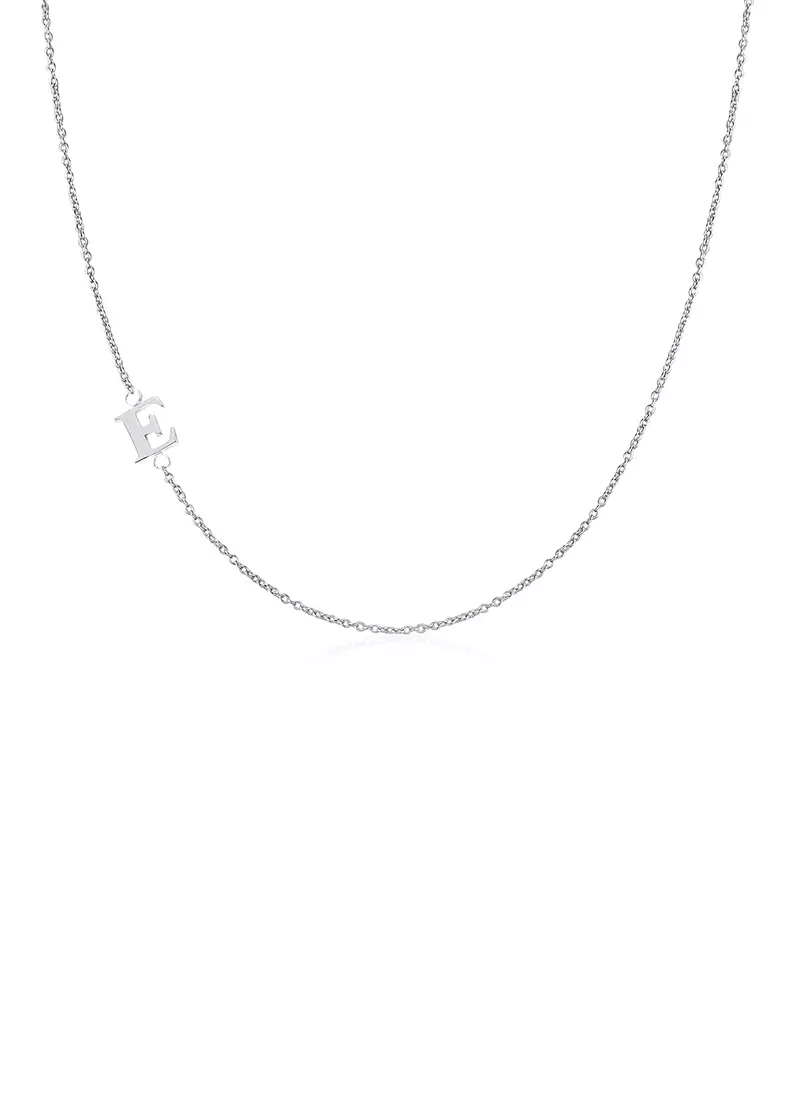 .925 Sterling Silver Sideway Letter E Necklace (18k white gold plating)