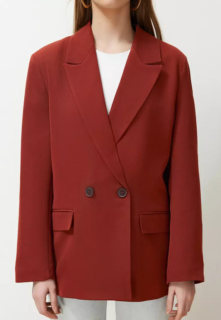 Burgundy Tile Oversize Straight Cut Basic Double-Breasted Woven Blazer Jacket Twoss24Bc28