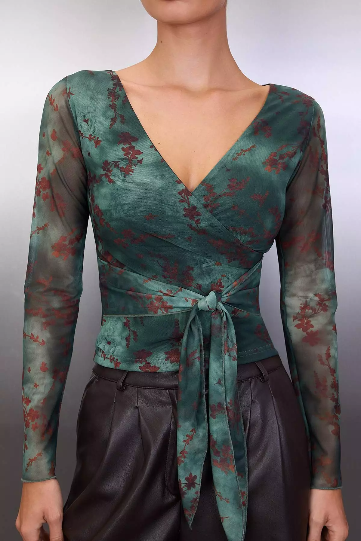 Khaki Abstract Floral Wrap Fitted/Fitted Tulle Knitted Blouse Twoaw26Bz226