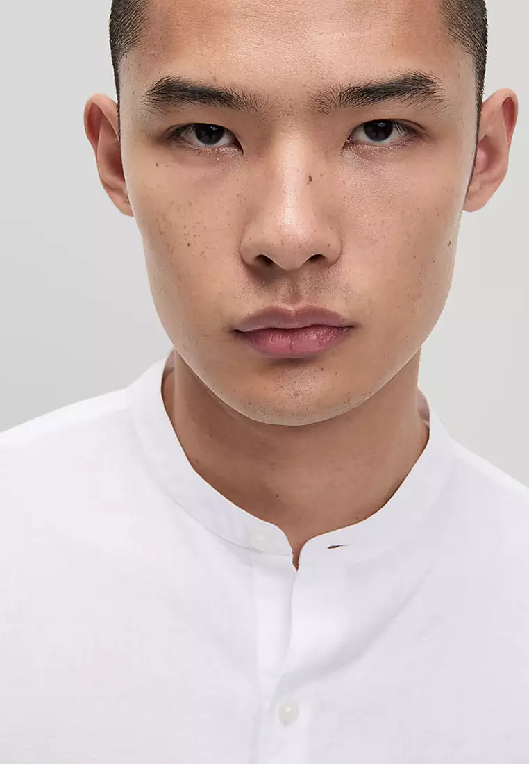 Cotton Linen Blend Grandad Collar Shirt