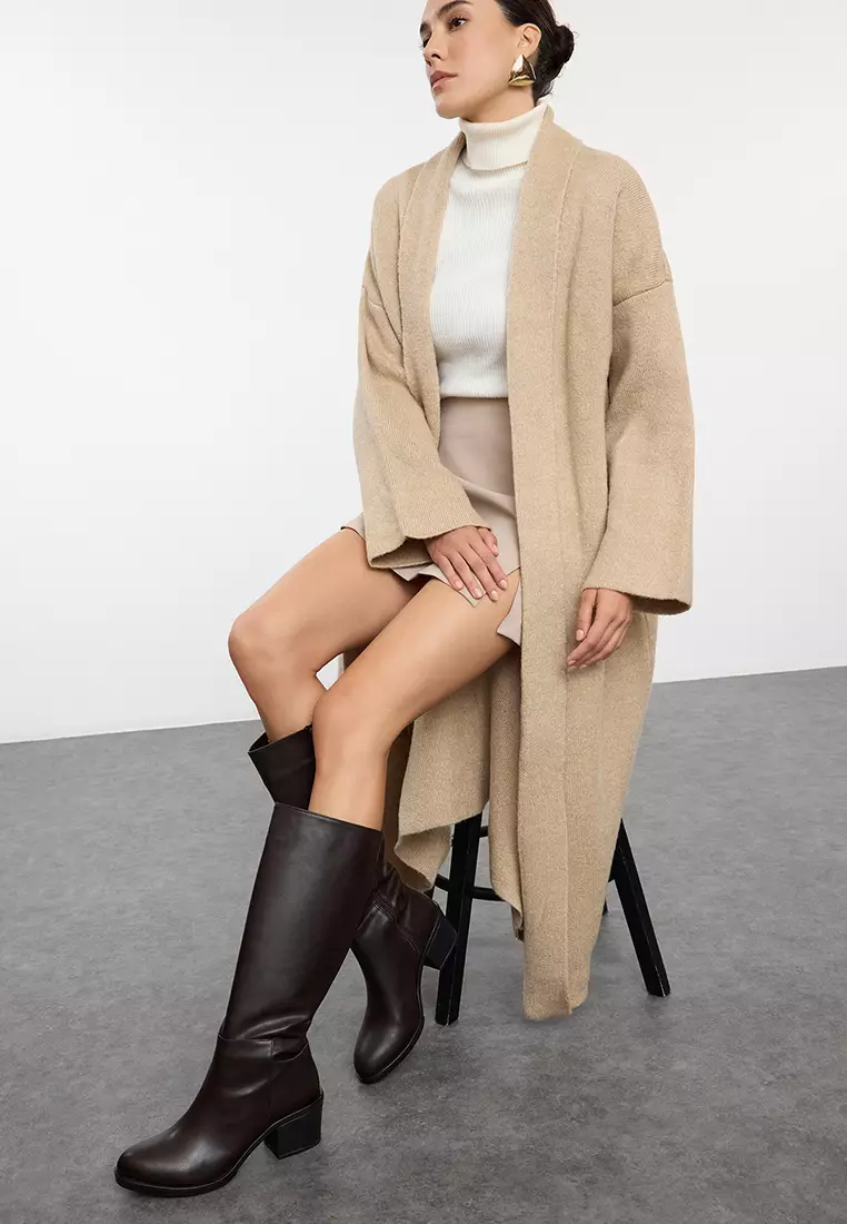 Dark Brown Zip-Up Round Toe Women's Block Heeled Boots Takaw25Cz00004