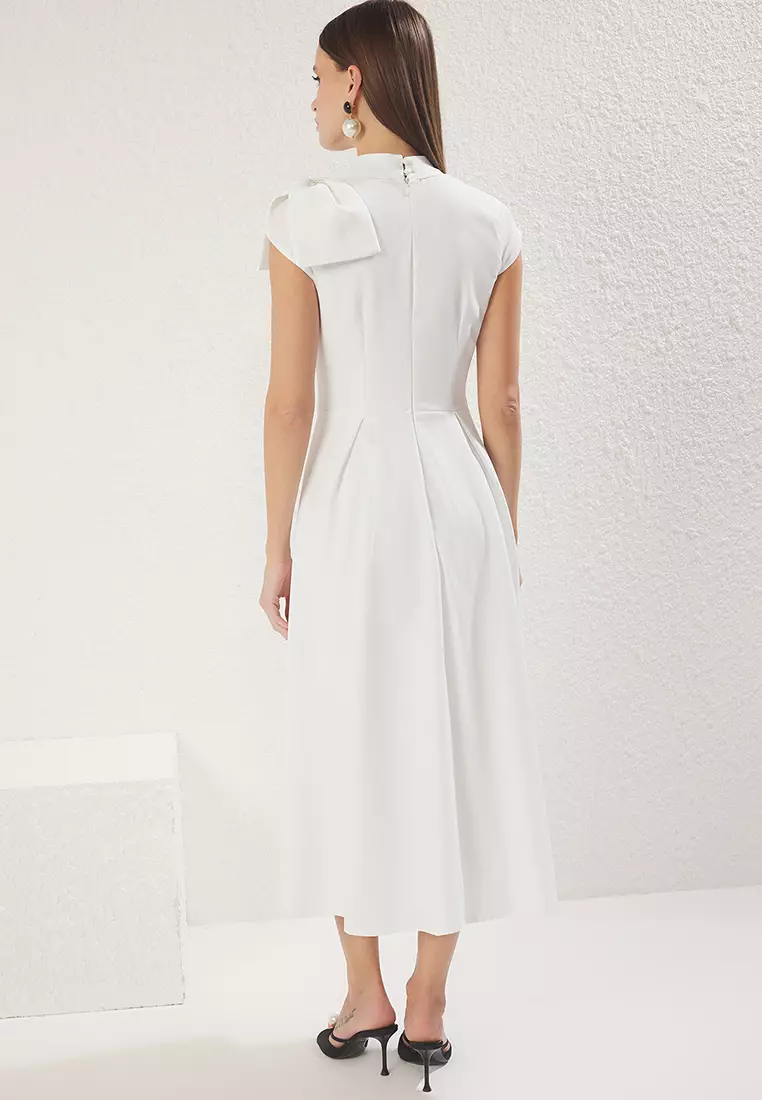White A-Line Pleated Woven Elegant Evening Prom Dress TPRAW25EL00151
