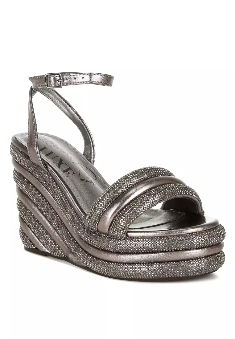 Pewter Rhinestone Studded Wedge Sandals