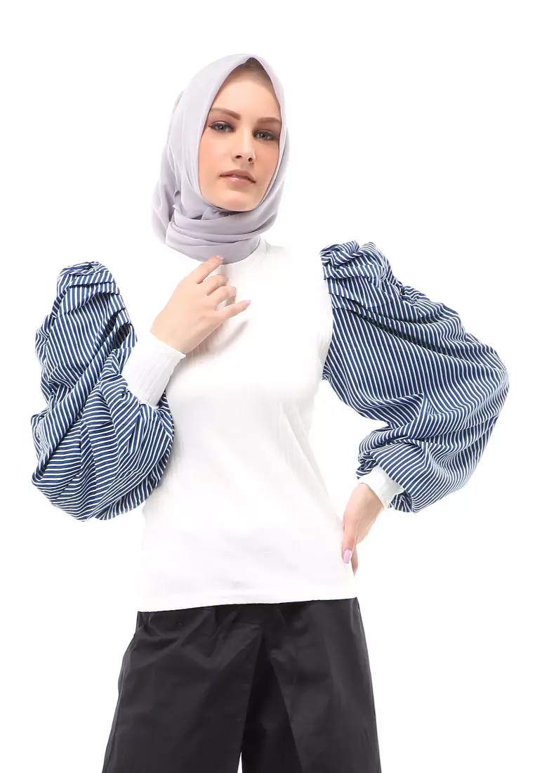 Kartika Blouse Muslimah Atasan Wanita Long Sleeve Motif Strip Regular Fit - Putih