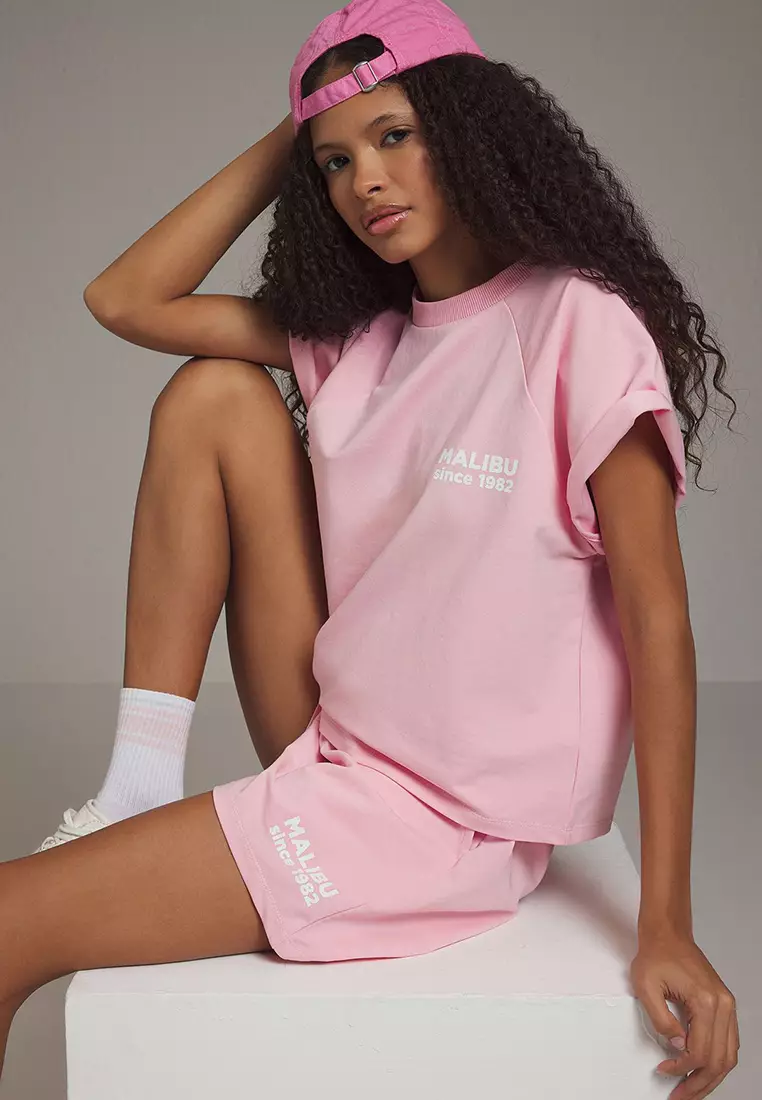 Pink Relaxed/Comfortable Fit Slogan Printed T-shirt-Shorts Knitted Bottom-Top Set TWOSS25AU00104