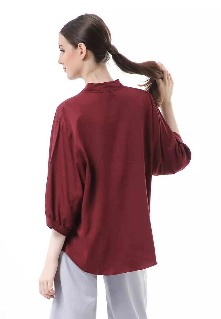 Ghita Kemeja Atasan Wanita Motif Polos Long Sleeve High Quality - Maroon