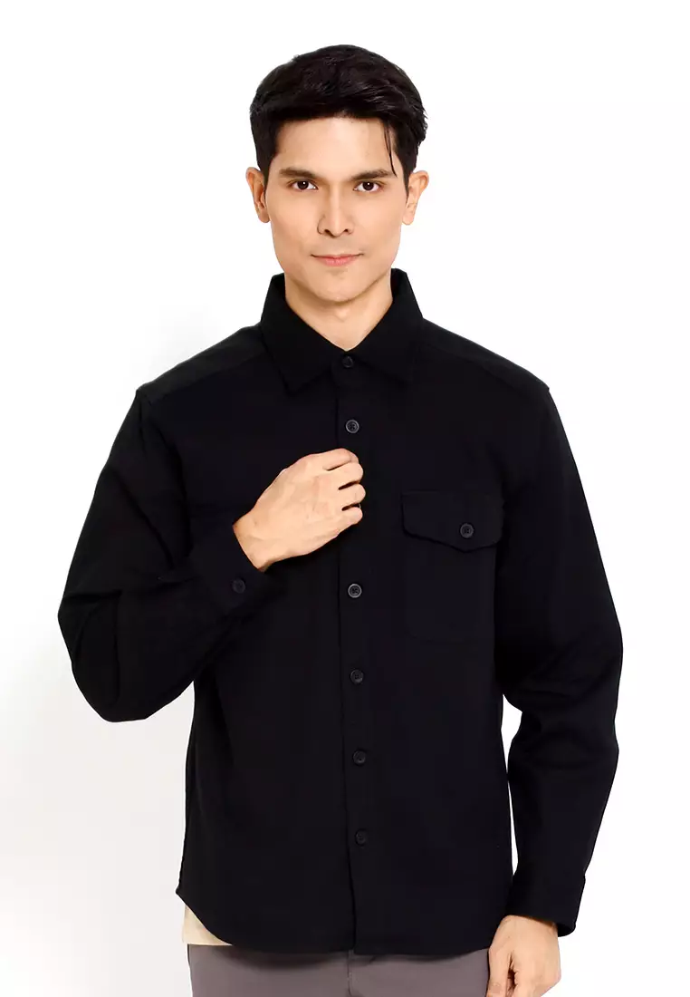 Forest 100% Cotton Twill Long Sleeve Outer Wear Shirts  Men Shirts - 30403-01Black