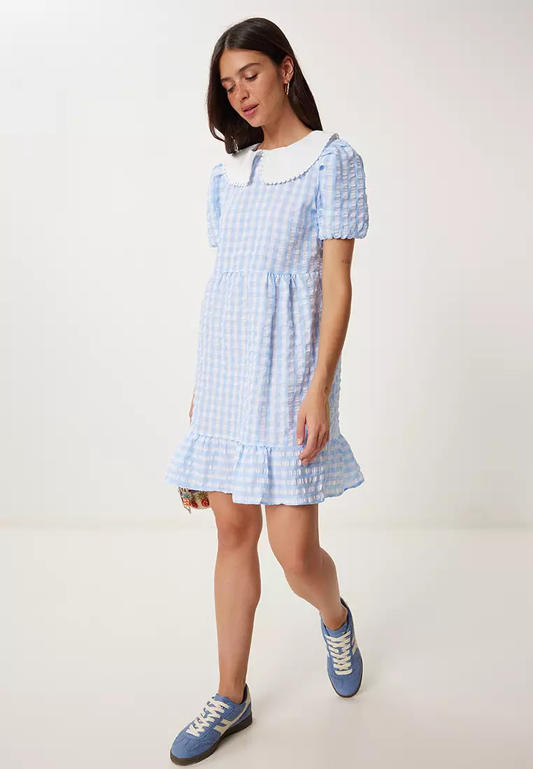 Women's Sky Blue Checkered Summer Mini Woven Dress Tp00058
