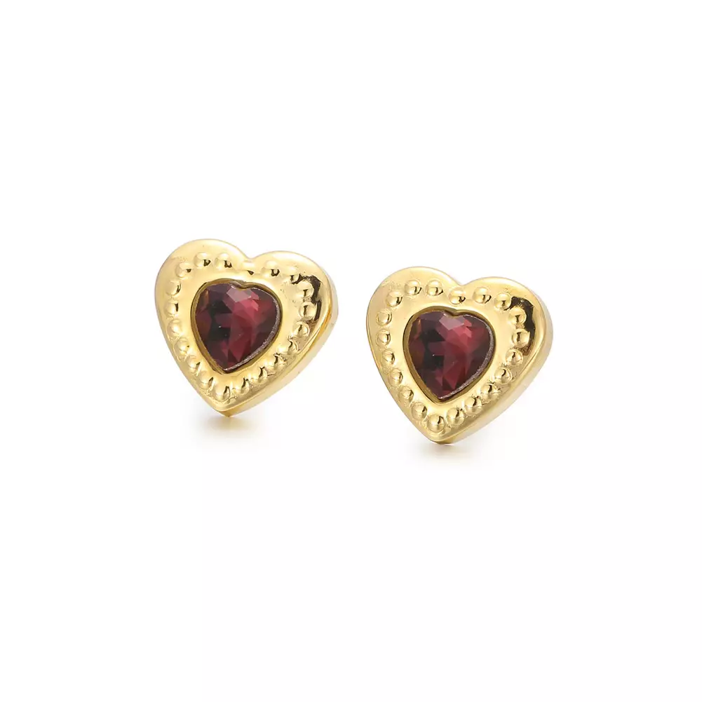 Glamorousky Fashion Simple Plated Gold 316L Stainless Steel Heart Stud Earrings with Purple Cubic Zirconia