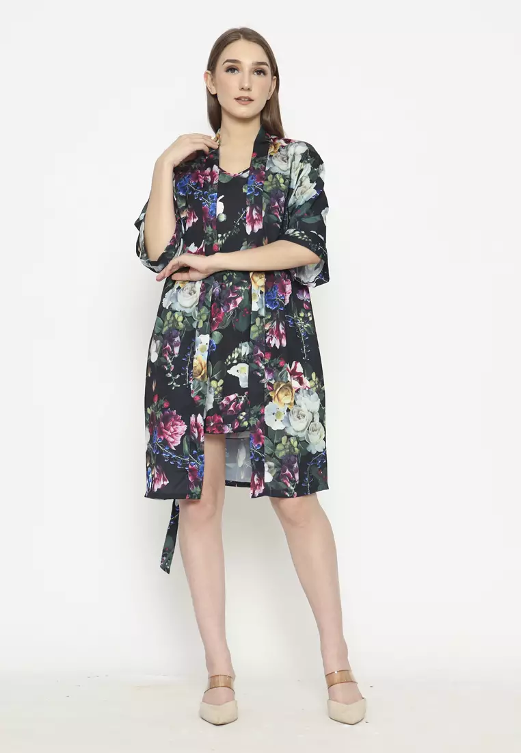Jual Cynthia Cynthia Kimono Set 2 In 1 Motif Flower Black Original
