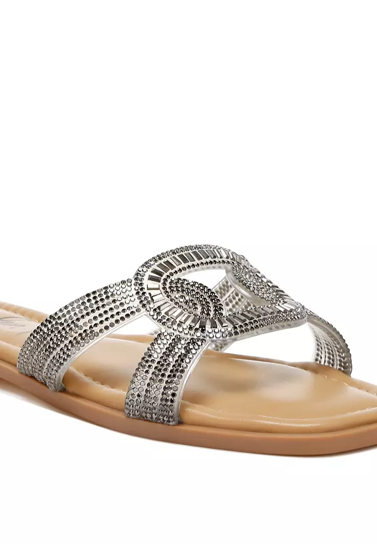 黑色水鑽裝飾平底涼鞋