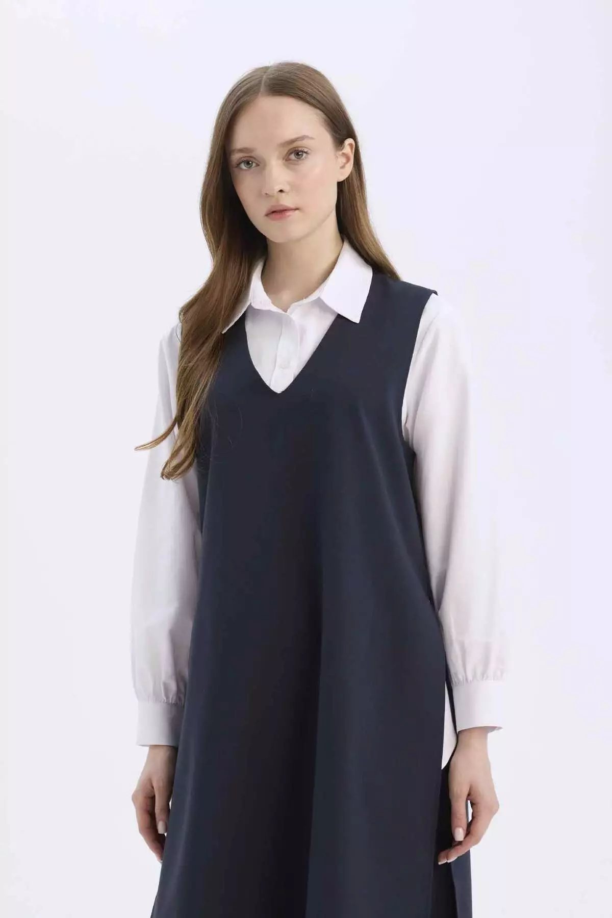 標準剪裁 V領 基本款 淨色 長款 口袋 毛衣 E1340Ax25Sp