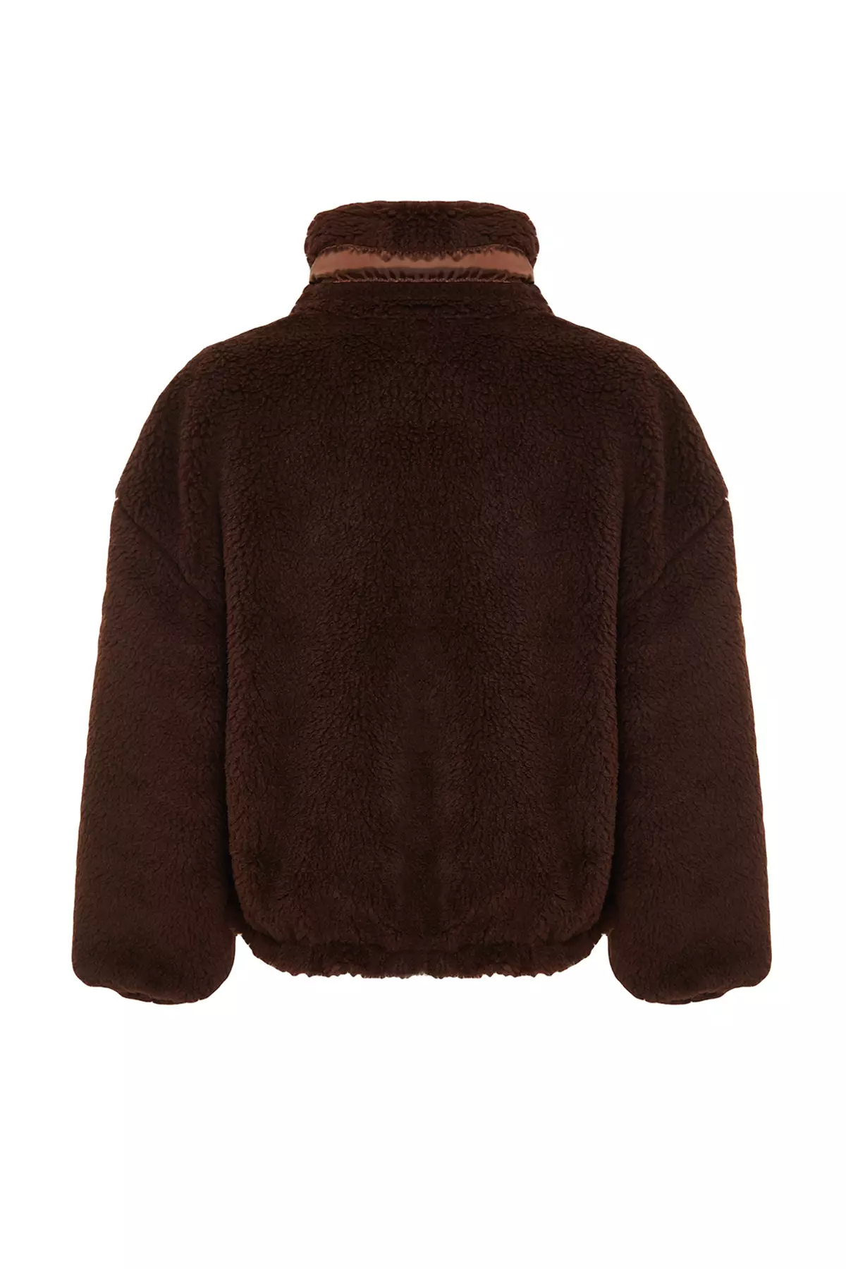Brown Oversize Molded Zippered Plush Jacket Coat TWOAW21MO0132
