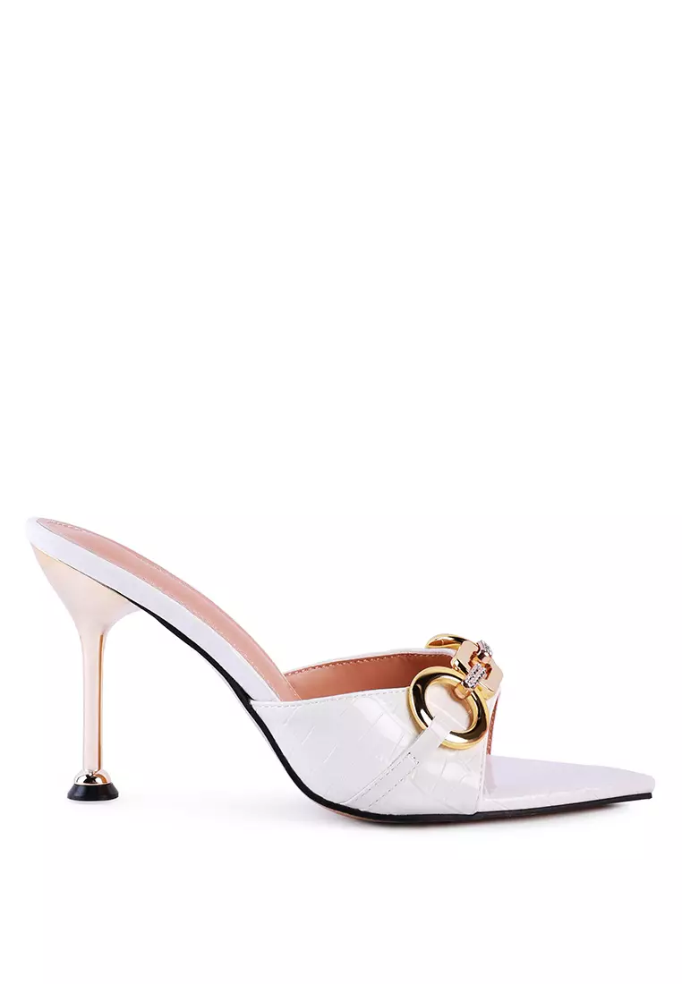 White Buckled High Heel Slide Sandals